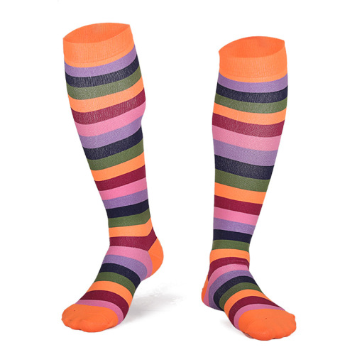 Rainbow Stripes Patterned Quick Dry Breathable Compression Socks Walking Sports Socks Knee Kigh Compression Stockings for Flight 15-25 mmHg